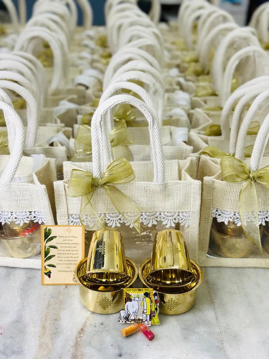 Brass davara sets packed for a housewarming in Chennai