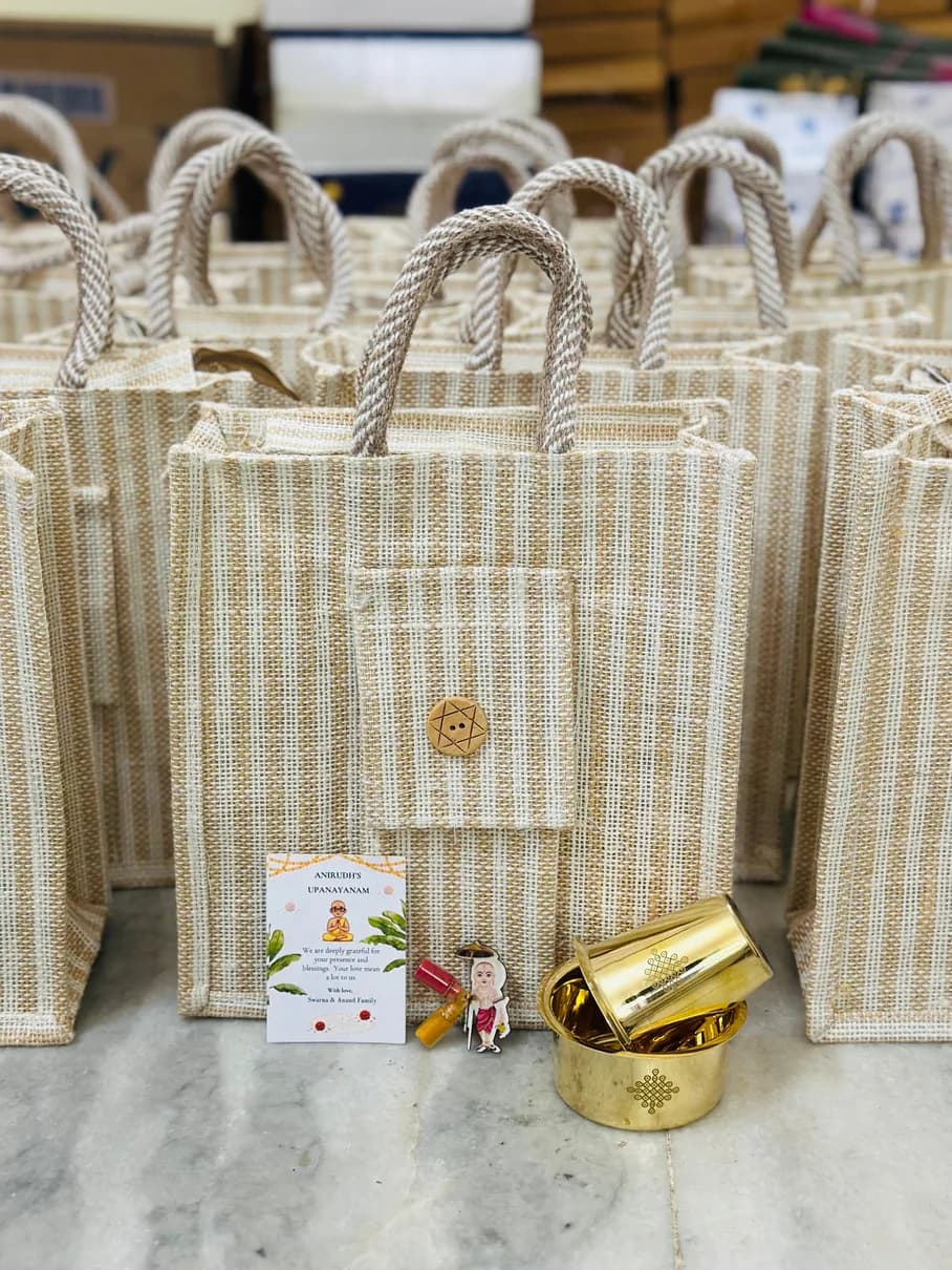 Striped jute bags ready for an Upanayanam guest list
