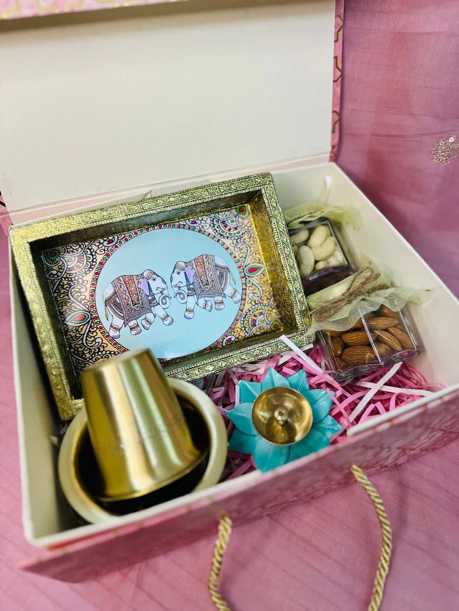 A Diwali hamper laid out before wrapping